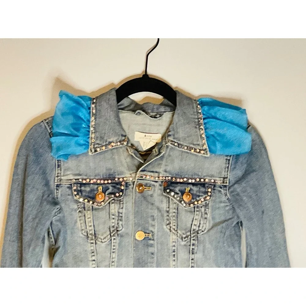 &NOW women's embellished Y2K pop star denim Jean jacket Upcycled sz 4 ruffle DIY